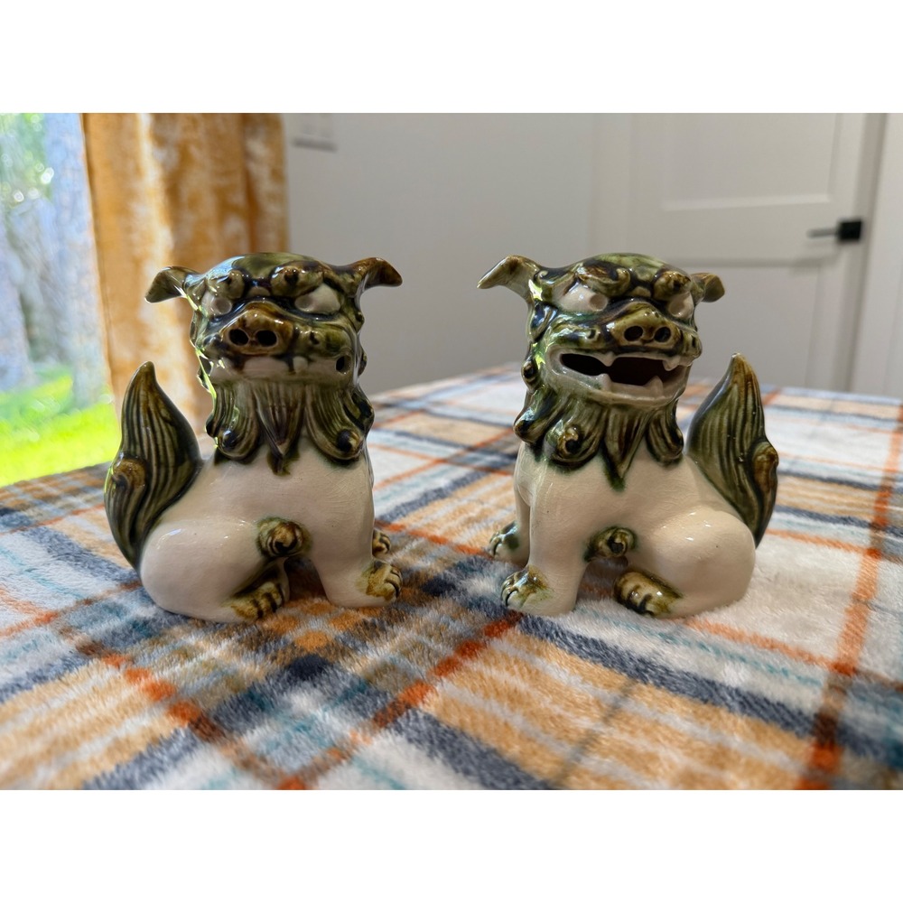 Vintage Ceramic Foo Dog Statues Pair Green Cream Drip Glaze Guardian Lions